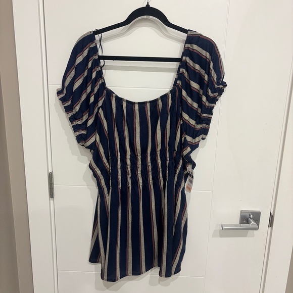 My Style Tops - NWT My Style Striped Navy Short Sleeve Smocked Waist Peasant Tunic Top